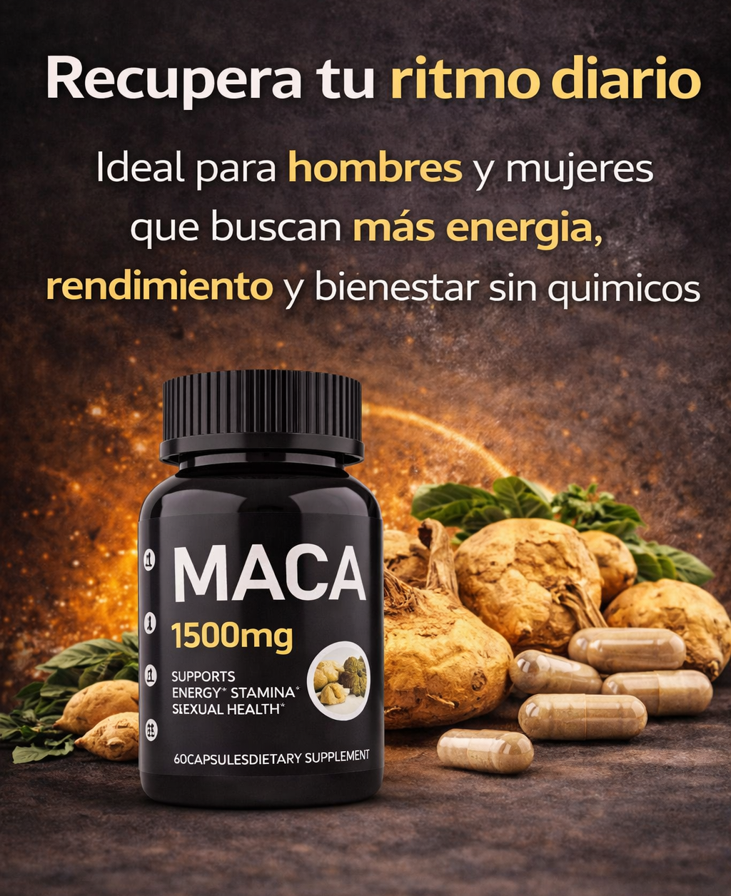 Maca Natural 1500mg đ EnergĂa, Vitalidad y Rendimiento Diario | 60 CĂĄpsulas