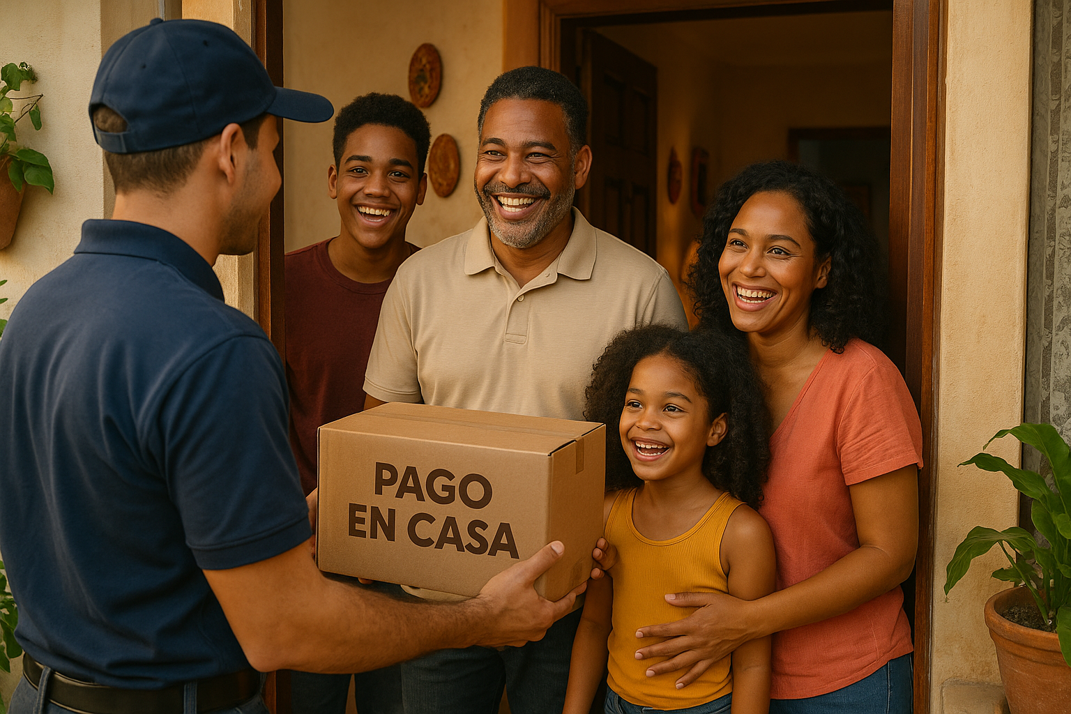 familia dominicana recibiendo su paquete en su casa en la caja que el mensajero le esta dando a la familia dice pago en casa