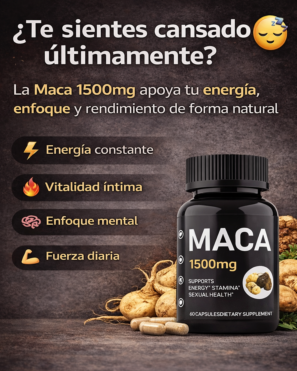Maca Natural 1500mg 🔋 Energía, Vitalidad y Rendimiento Diario | 60 Cápsulas