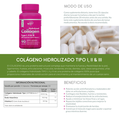 Dile Adiós a los Años. ⏰ Colágeno Hidrolizado Tipo I, II y III – Fortalece Piel, Cabello y Uñas 90 Capsulas de juventud🌟